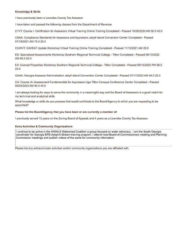 I continue to be active in the WWALS Watershed Coalition a group focused on water advocacy. I am the South Georgia coordinator for Georgia EPD Adopt A Stream training program. I attend most Board of Commissioners meeting and Planning Commission meetings and publish videos of the same for community information