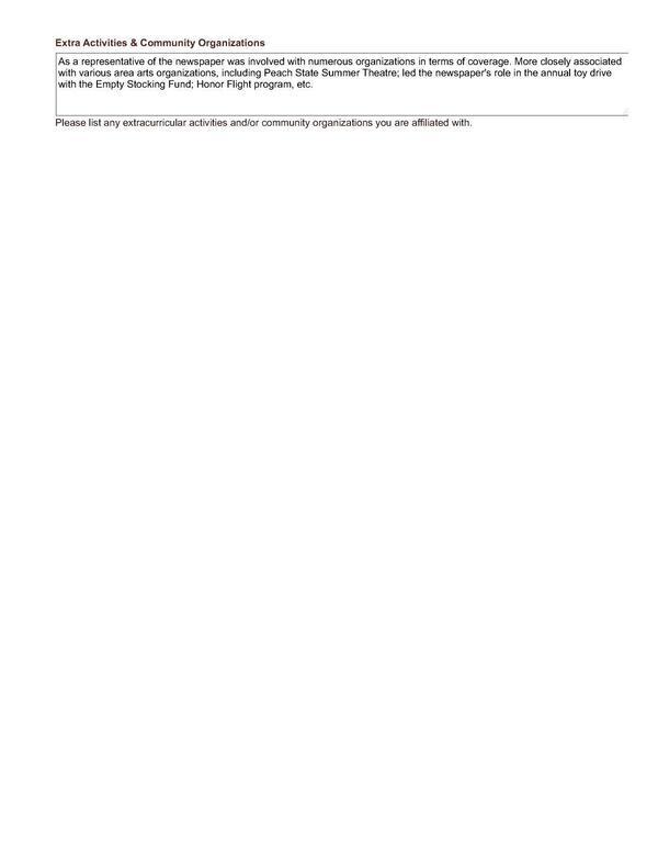 As a representative of the newspaper was involved with numerous organizations in terms of coverage. More closely associated with various area arts organizations, including Peach State Summer Theatre; led the newspaper’s role in the annual toy drive with the Empty Stocking Fund; Honor Flight program, etc.