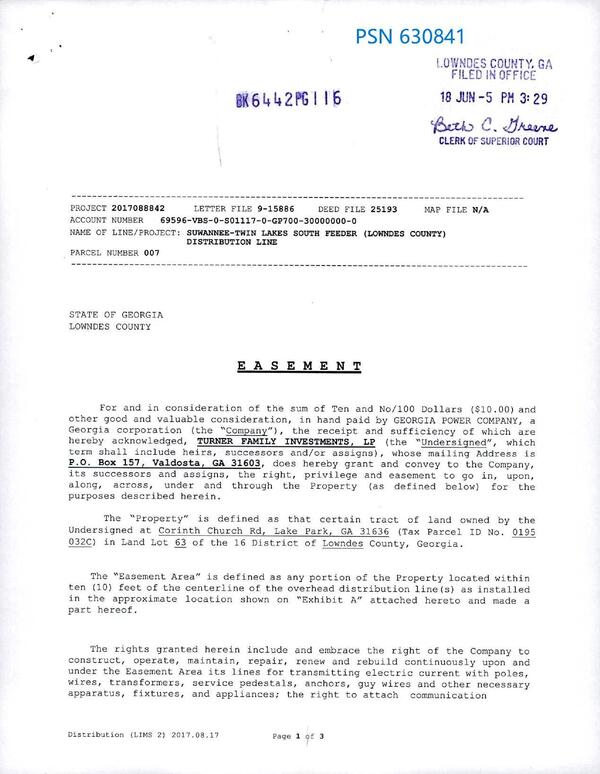 EASEMENT for SUWANNEE-TWIN LAKES SOUTH FEEDER (LOWNDES COUNTY) DISTRIBUTION LINE