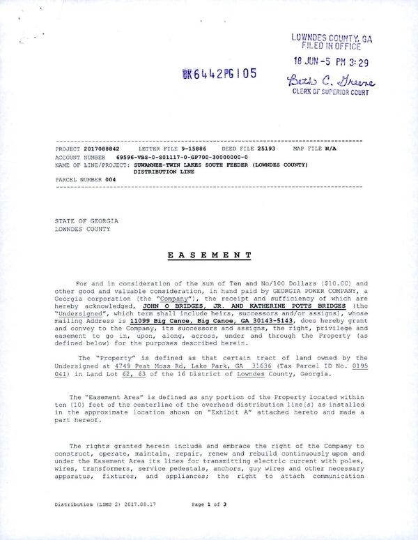 EASEMENT from John O Bridges Jr. and Katherine Potts Bridges