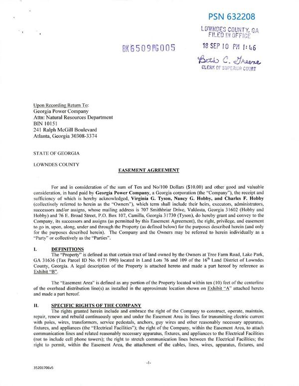 EASEMENT AGREEMENT, power line, Virginia G. Tyson, Nancy G. Hobby, Charles F. Hobby