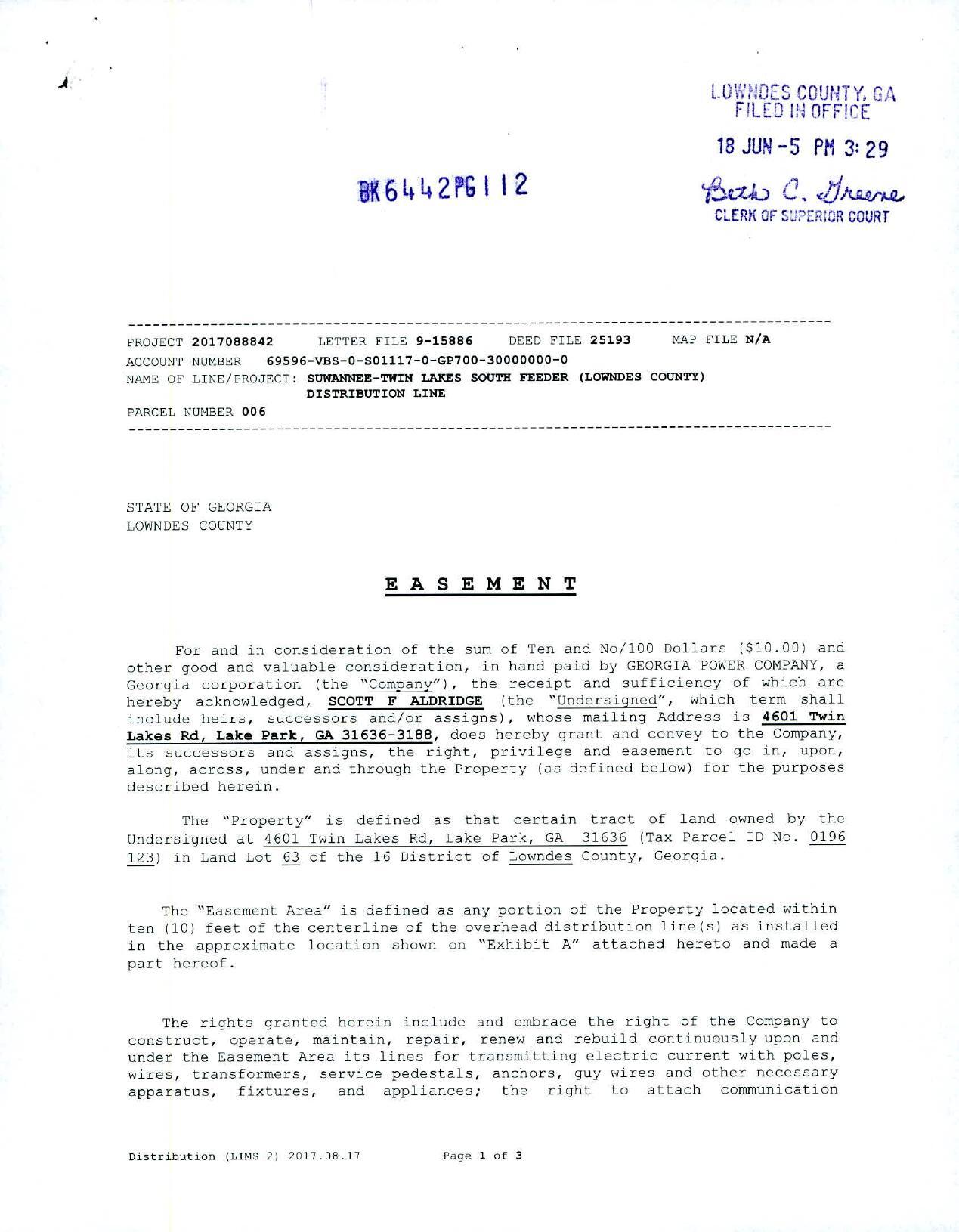 EASEMENT for power line along Twin Lakes Road through Scott F Aldridge property