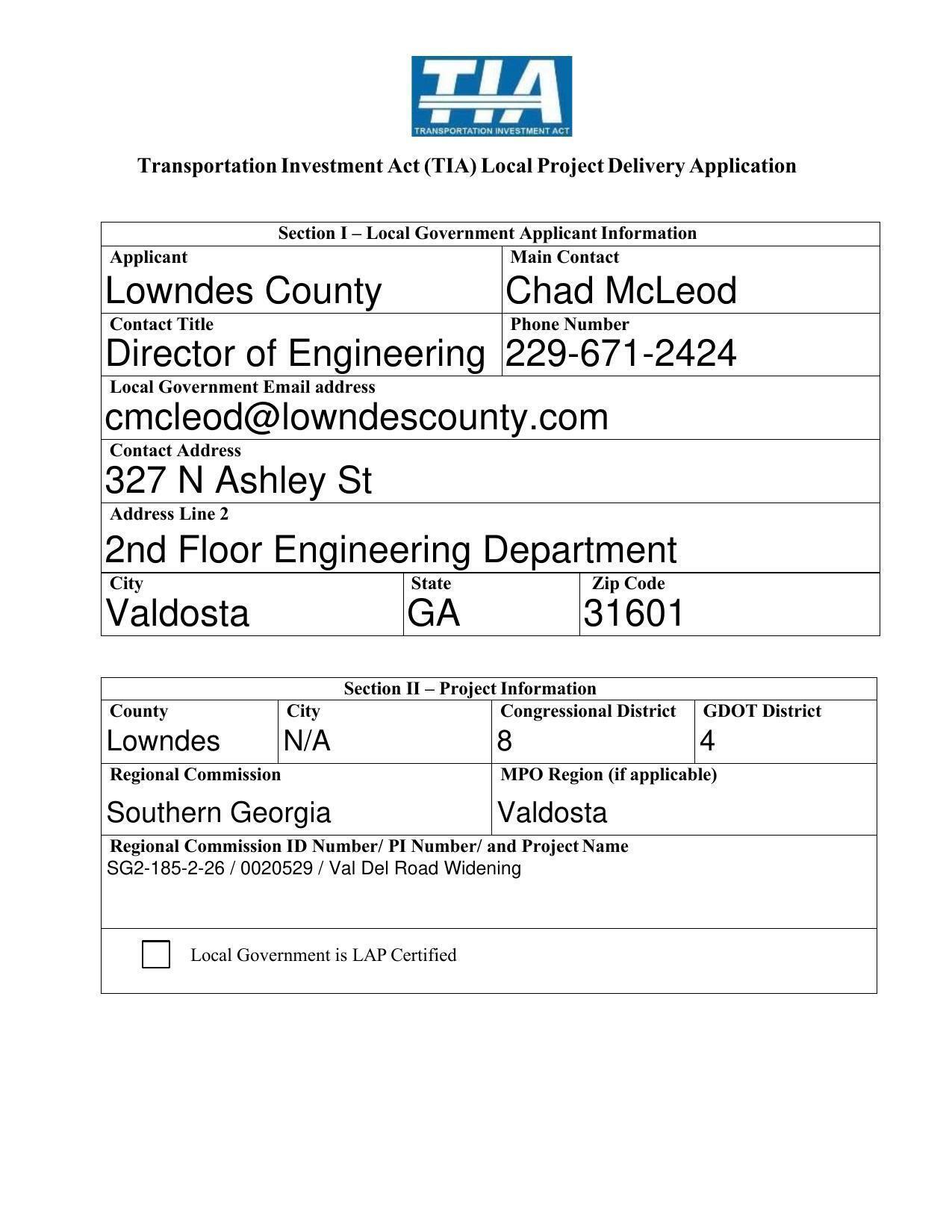 Section I Local Government Applicant Information
