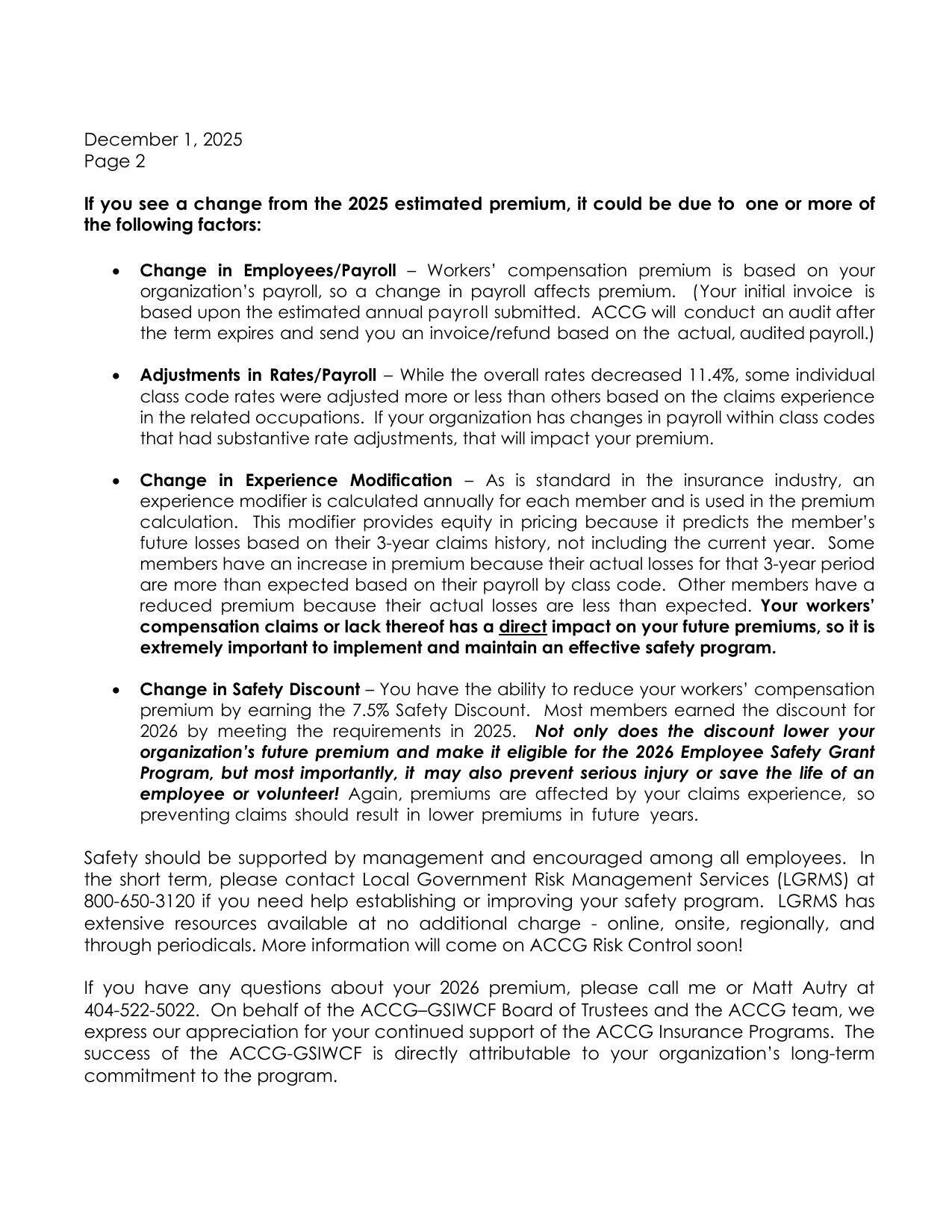 organization’s future premium and make it eligible for the 2026 Employee Safety Grant