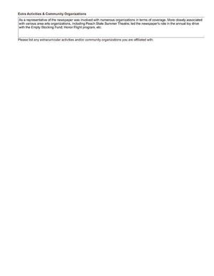 [As a representative of the newspaper was involved with numerous organizations in terms of coverage. More closely associated with various area arts organizations, including Peach State Summer Theatre; led the newspaper’s role in the annual toy drive with the Empty Stocking Fund; Honor Flight program, etc.]