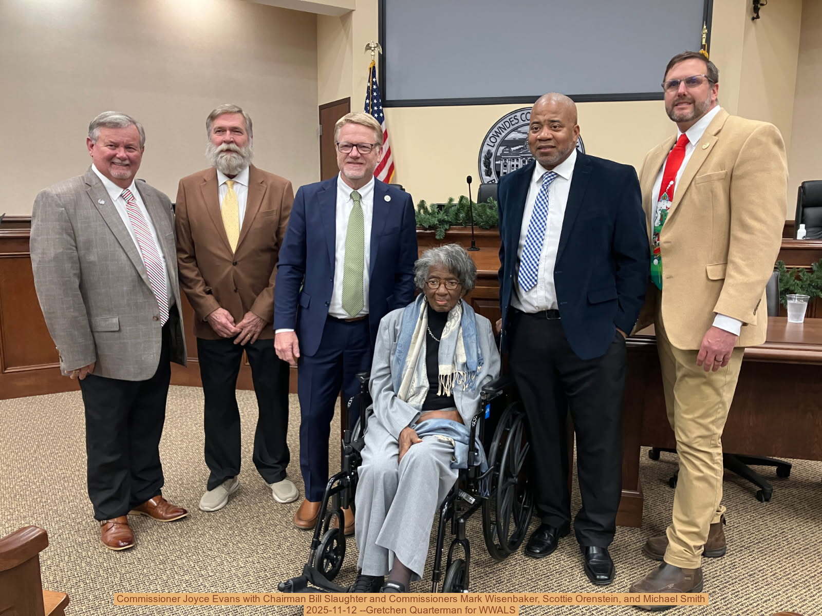 Commissioner Joyce Evans with Chairman Bill Slaughter and Commissioners Mark Wisenbaker, Scottie Orenstein, and Michael Smith 2025-11-12 --Gretchen Quarterman for WWALS