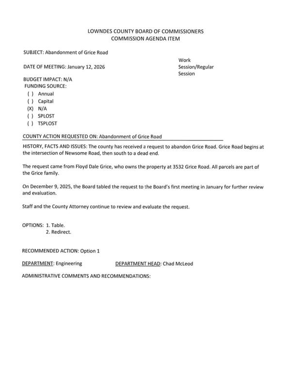 [BUDGET IMPACT: N/A, from Newsome Road to dead end]