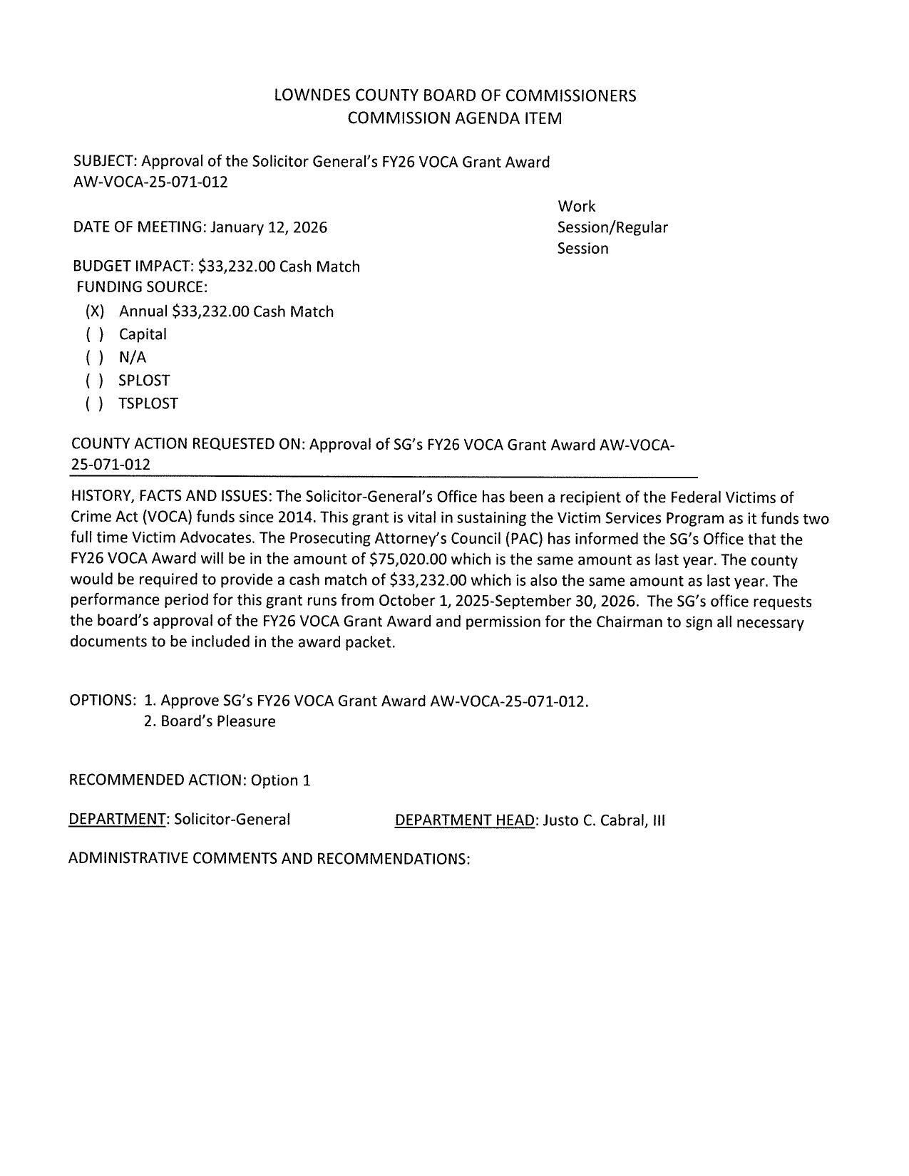BUDGET IMPACT: $33,232.00 Cash Match