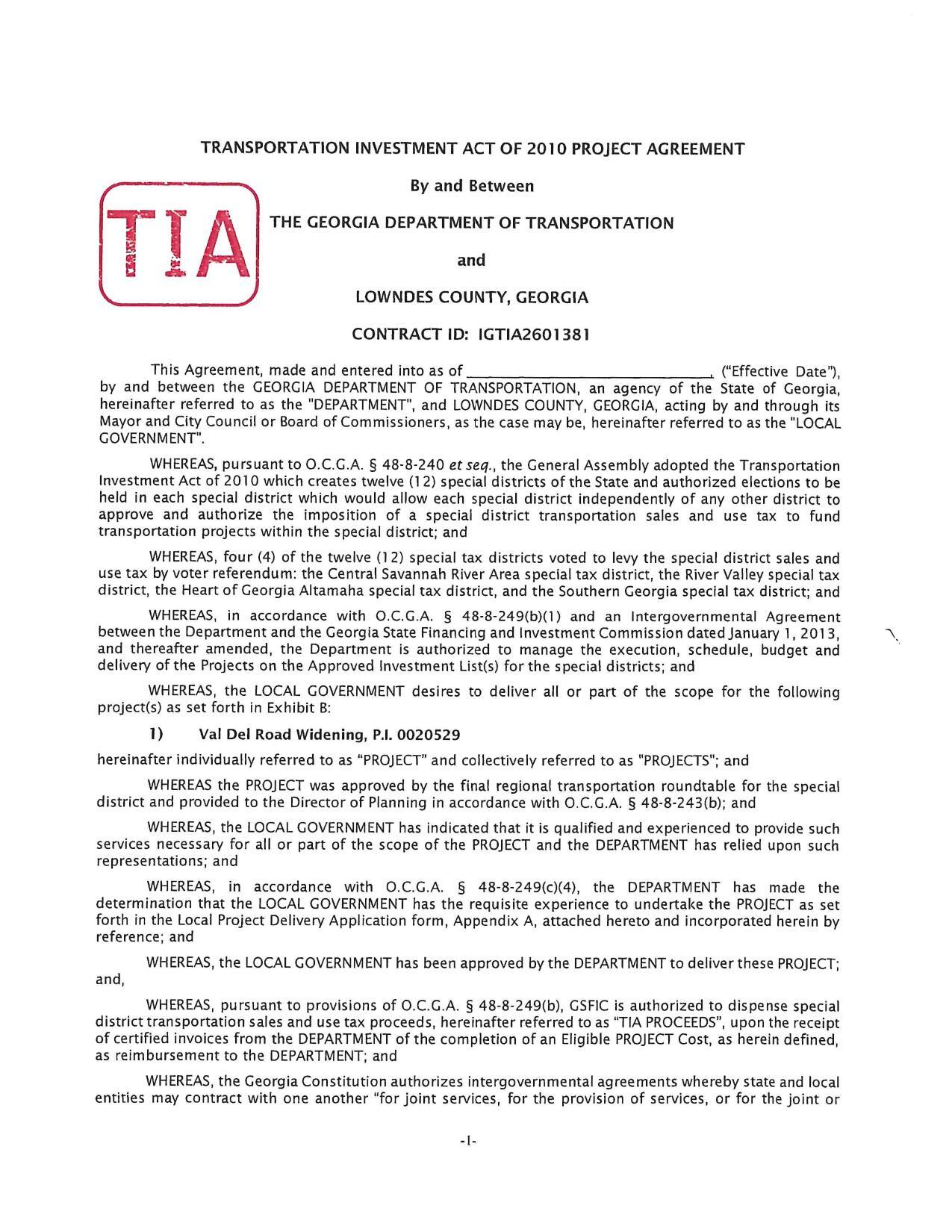 TRANSPORTATION INVESTMENT ACT OF 2010 PROJECT AGREEMENT