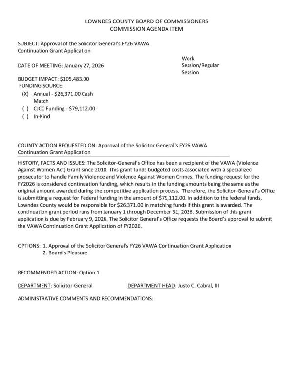 [BUDGET IMPACT: $26,371.00 Cash Match (X) Annual]
