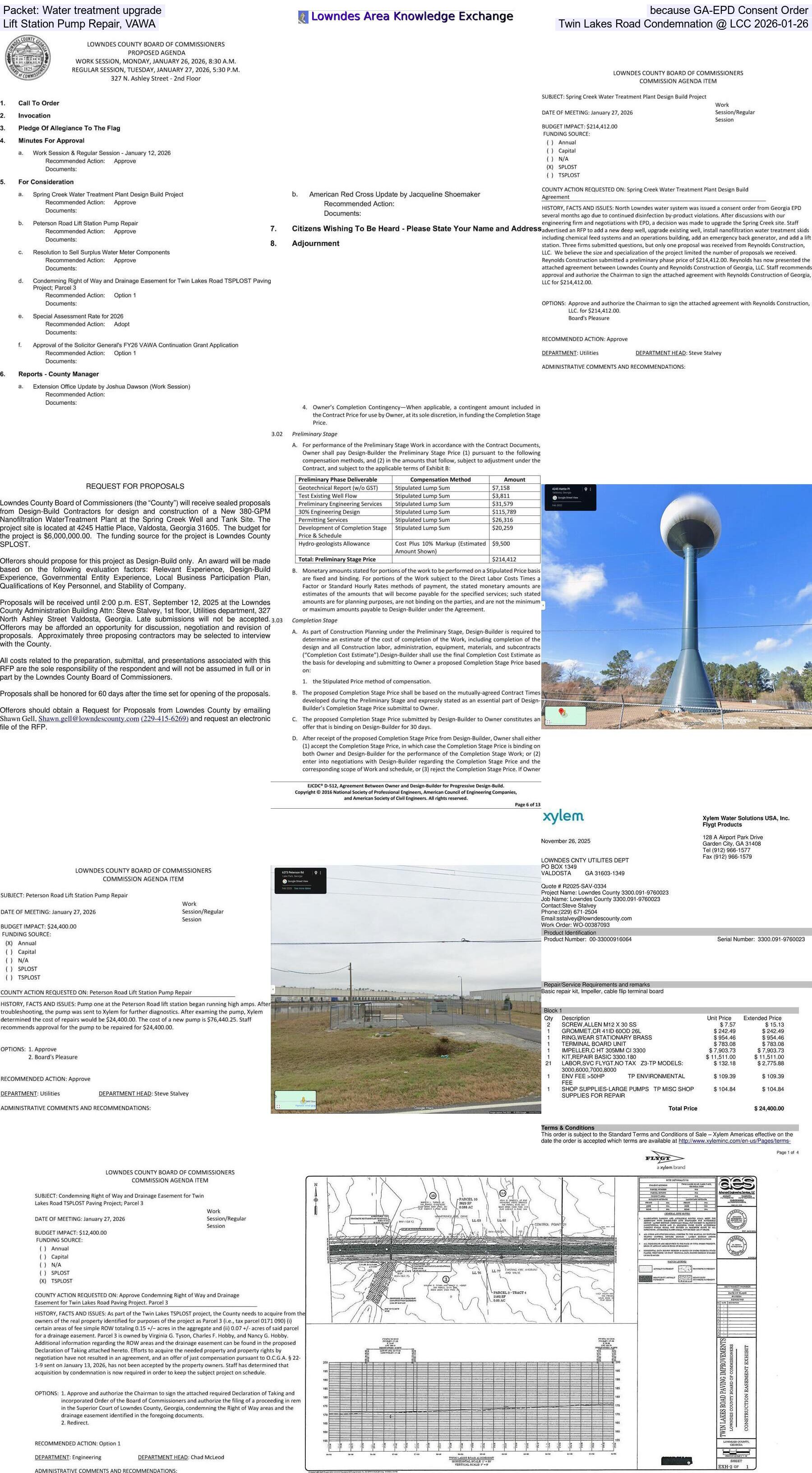 [Packet: Water treatment upgrade because GA-EPD Consent Order, Lift Station Pump Repair, VAWA, Twin Lakes Road Condemnation @ LCC 2026-01-26]