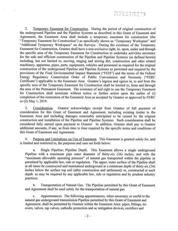[4.a. Single Pipeline; Pipeline Depth. This Easement allows a single underground Pipeline with a maximum pipe outer diameter of thirty-six (36) inches, and with the...]