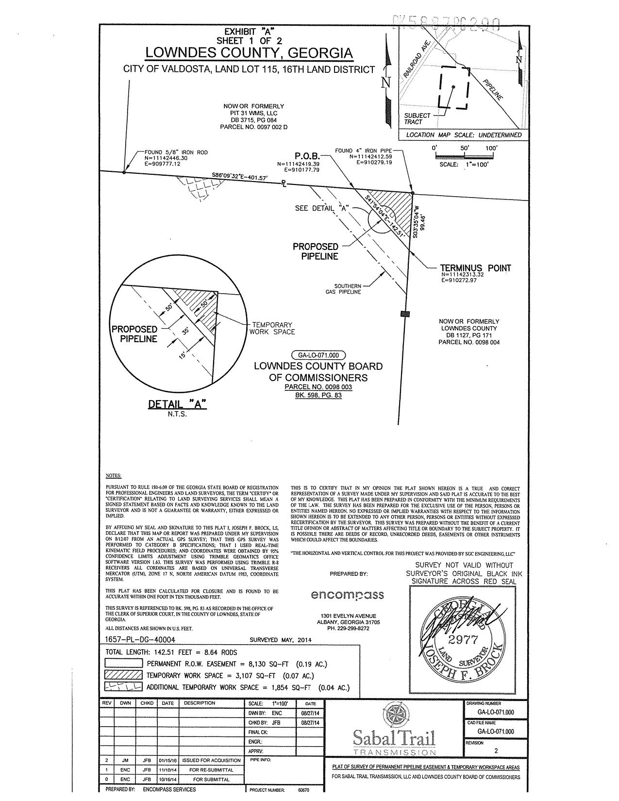 PLAT OF SURVEY OF PERMANENT PIPELINE EASEMENT & TEMPORARY WORKSPACE AREAS 2014-08-27 Parcel 0098 003