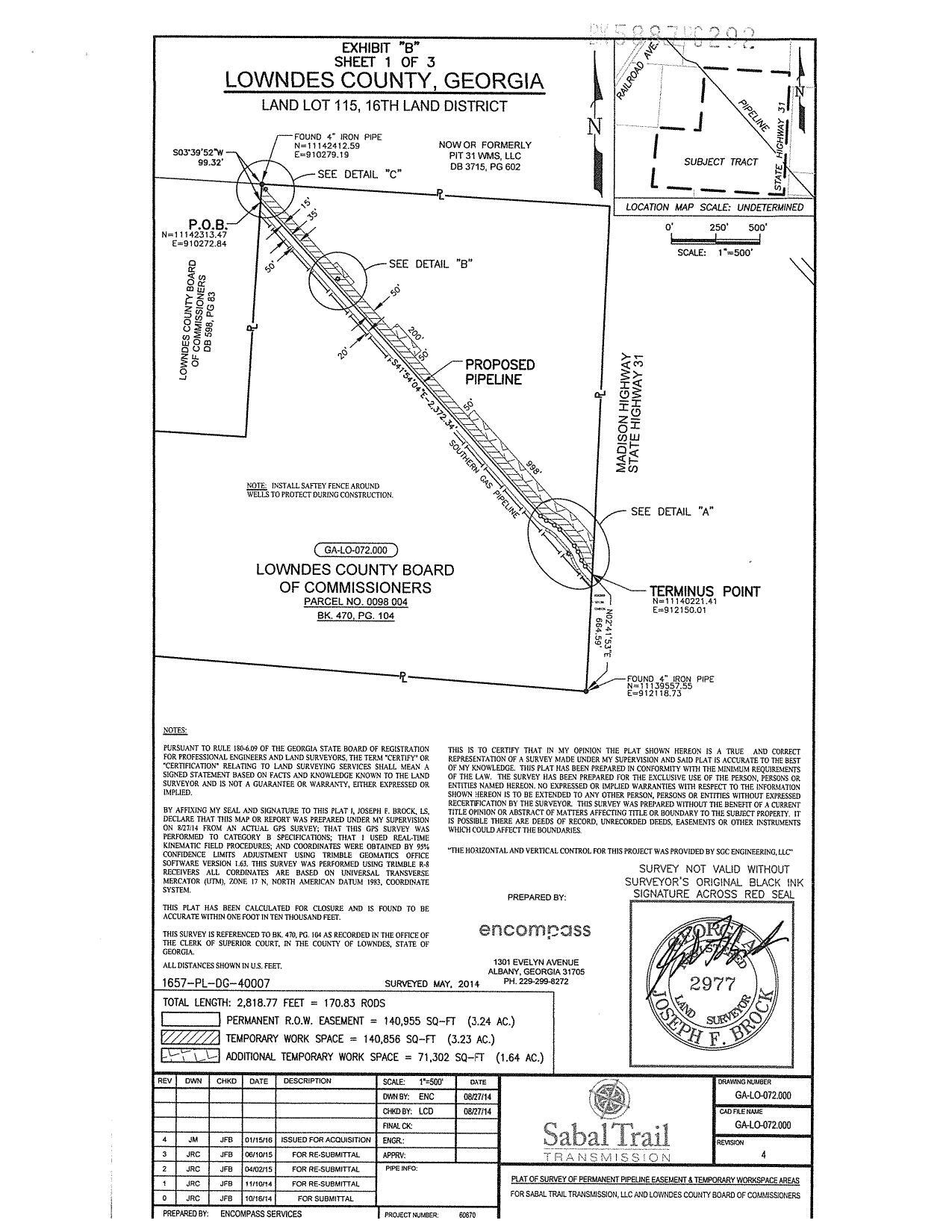 PLAT OF SURVEY OF PERMANENT PIPELINE EASEMENT & TEMPORARY WORKSPACE AREAS 2014-08-27 Parcel 0098 004