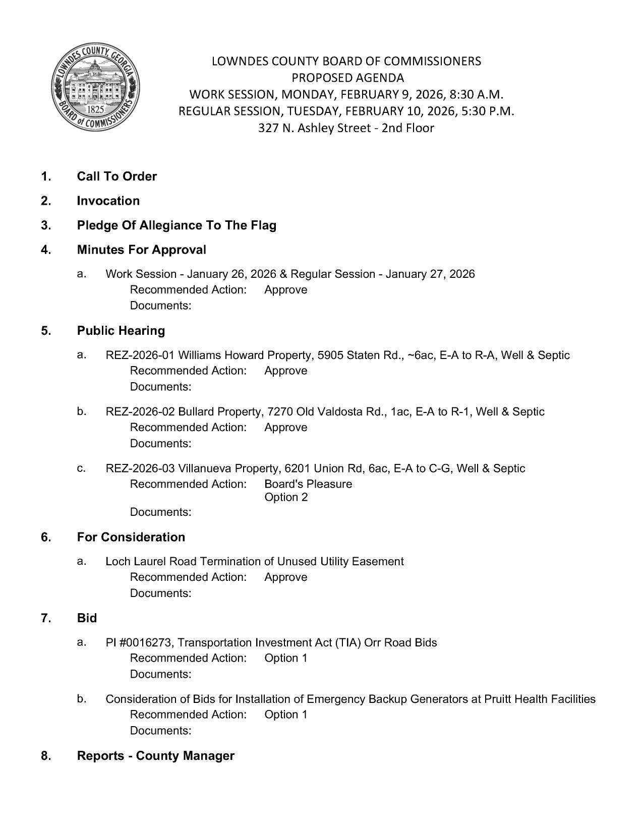 Rezonings, Unused Utility Easement, TIA Orr Road Bids, Backup Generators at Pruitt Health Facilities