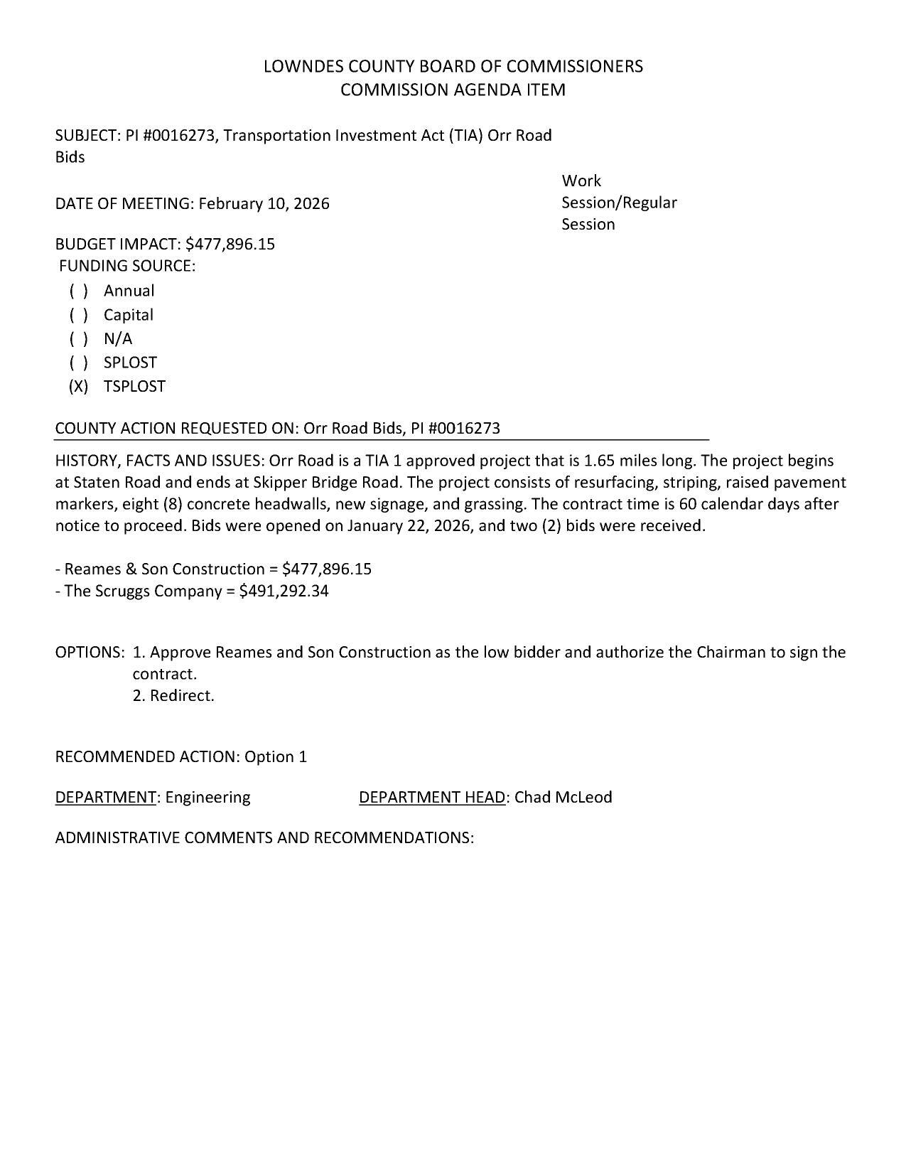 BUDGET IMPACT: $477,896.15, FUNDING SOURCE: TSPLOST