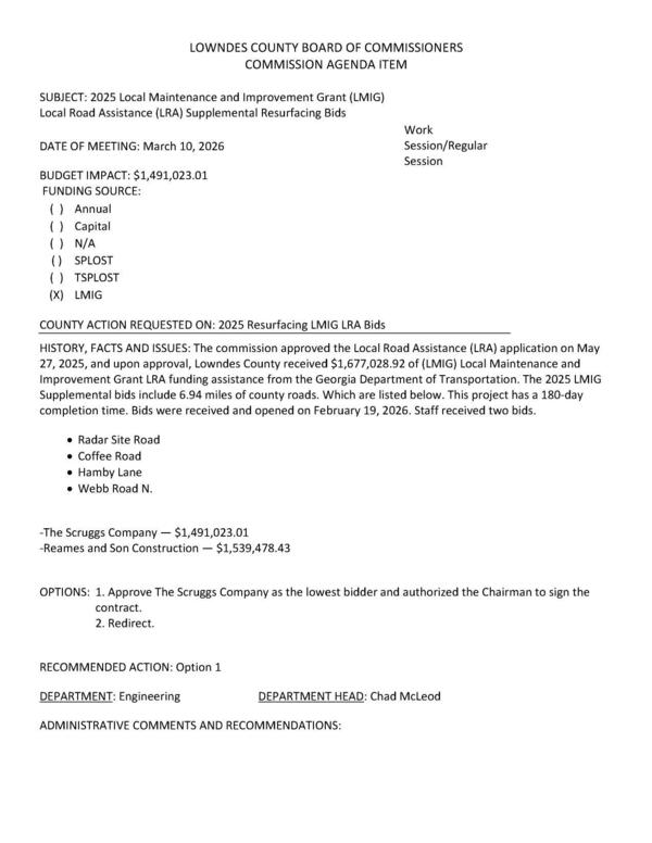 [BUDGET IMPACT: $1,491,023.01, Radar Site Road, Coffee Road, Hamby Lane, Webb Road N.]