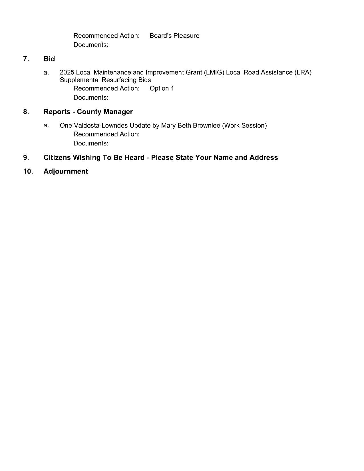 LMIG, Reports, OVL, CWTBH, Adjournment