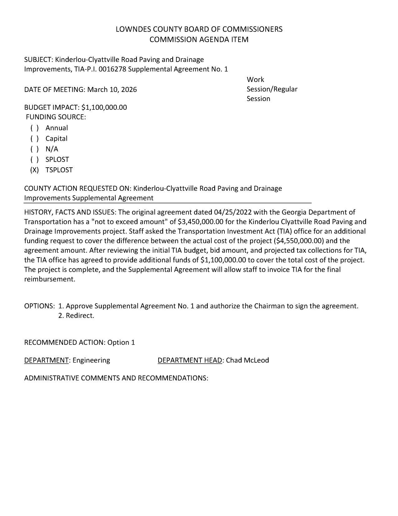 the TIA office has agreed to provide additional funds of $1,100,000.00 to cover the total cost of the project.