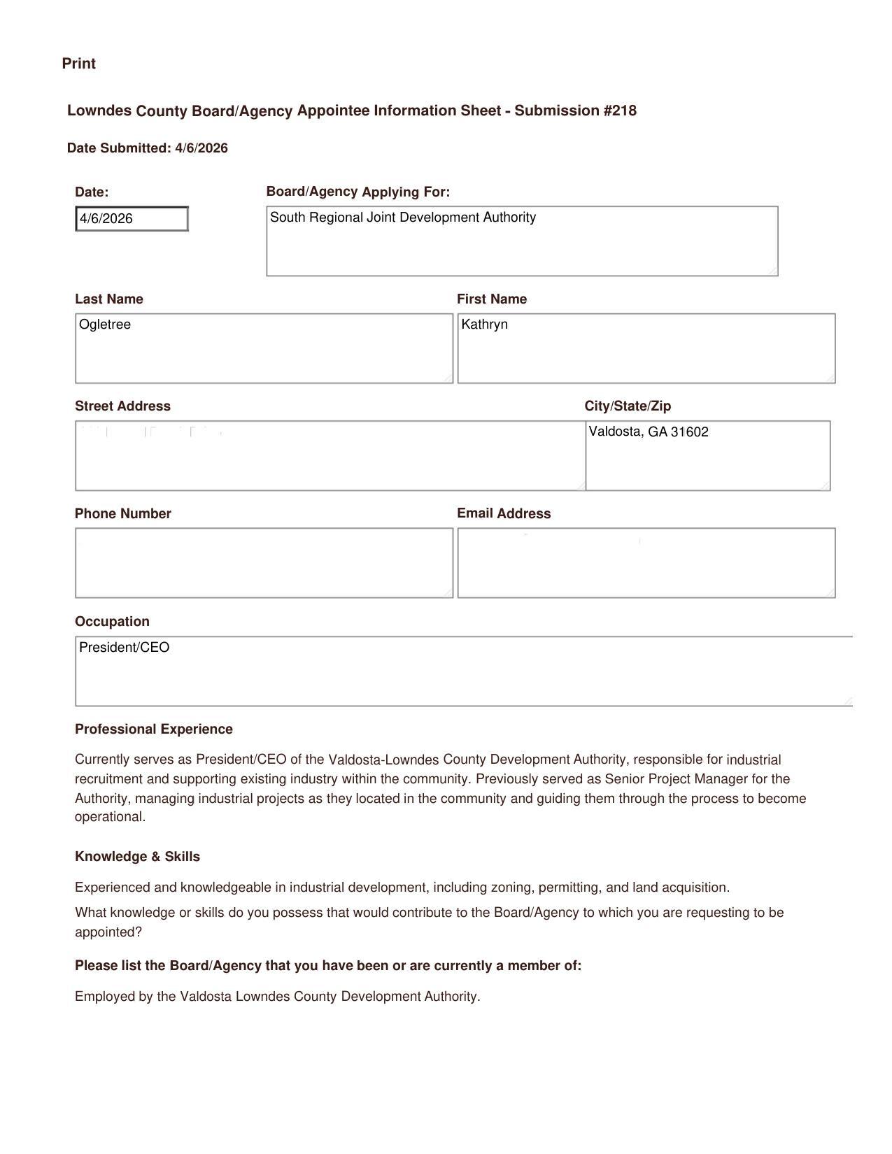 Kathryn Ogletree application