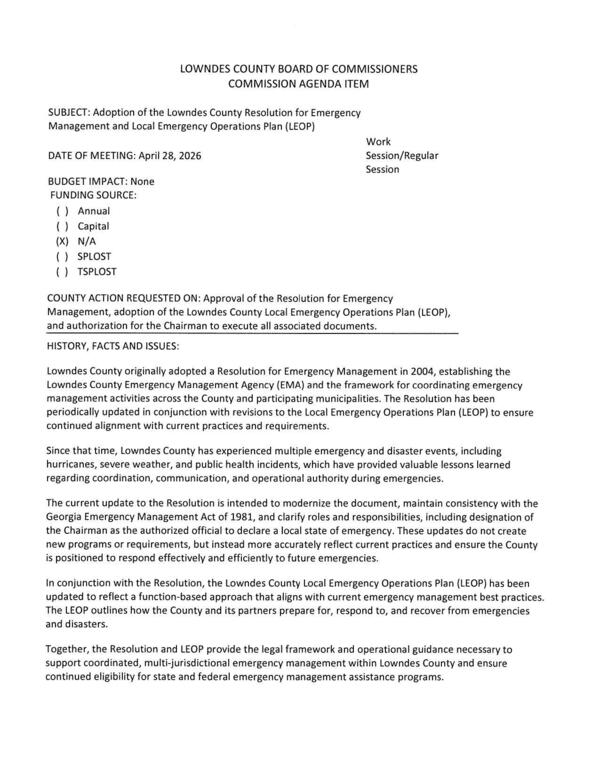 [to modernize the document, maintain consistency with the Georgia Emergency Management Act of 1981, and clarify roles and responsibilities, including designation of the Chairman as the authorized official to declare a local state of emergency.]