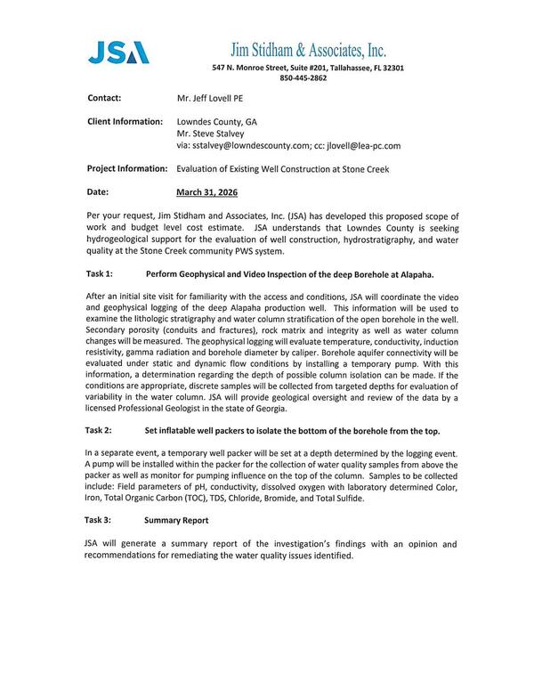 Existing Well at Stone Creek: Jim Stidham and Associates, Inc. (JSA) proposed scope of work and budget level cost estimate.
