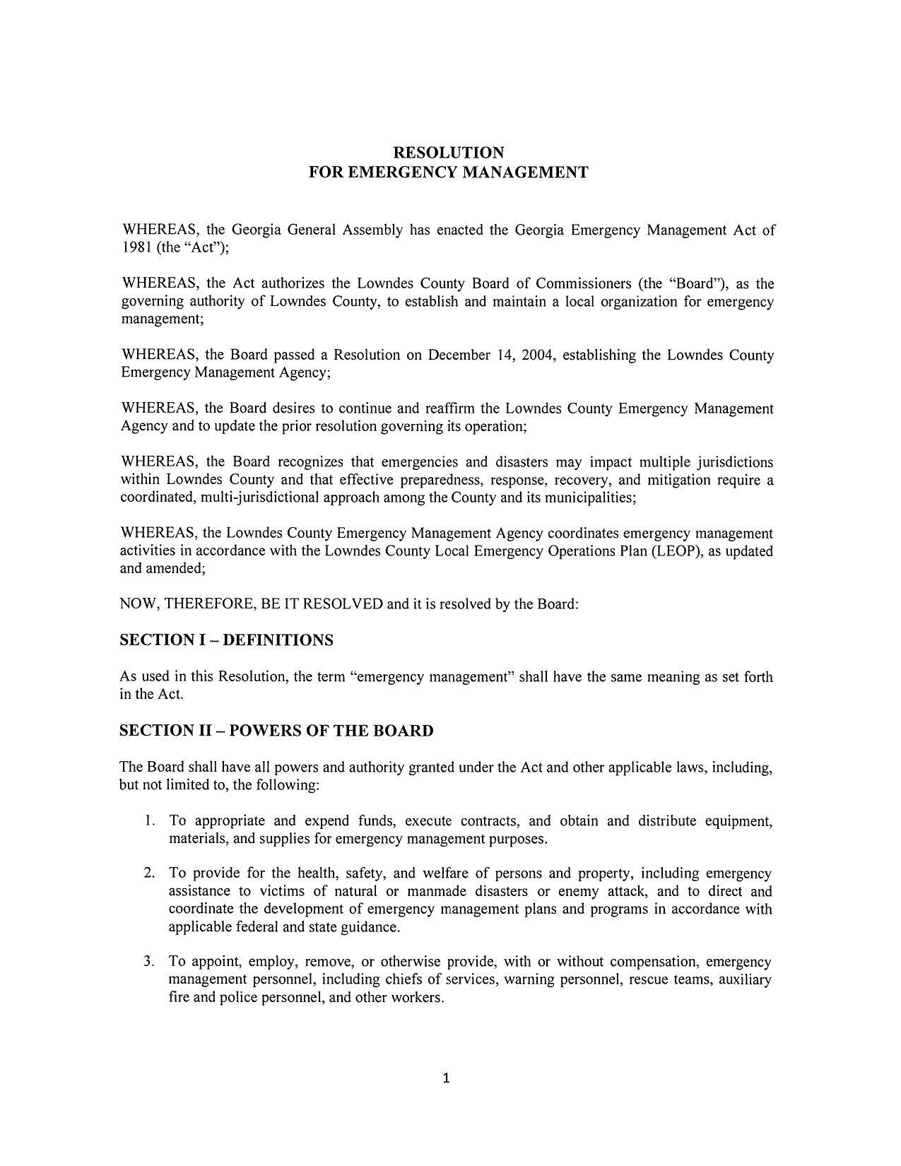 RESOLUTION FOR EMERGENCY MANAGEMENT
