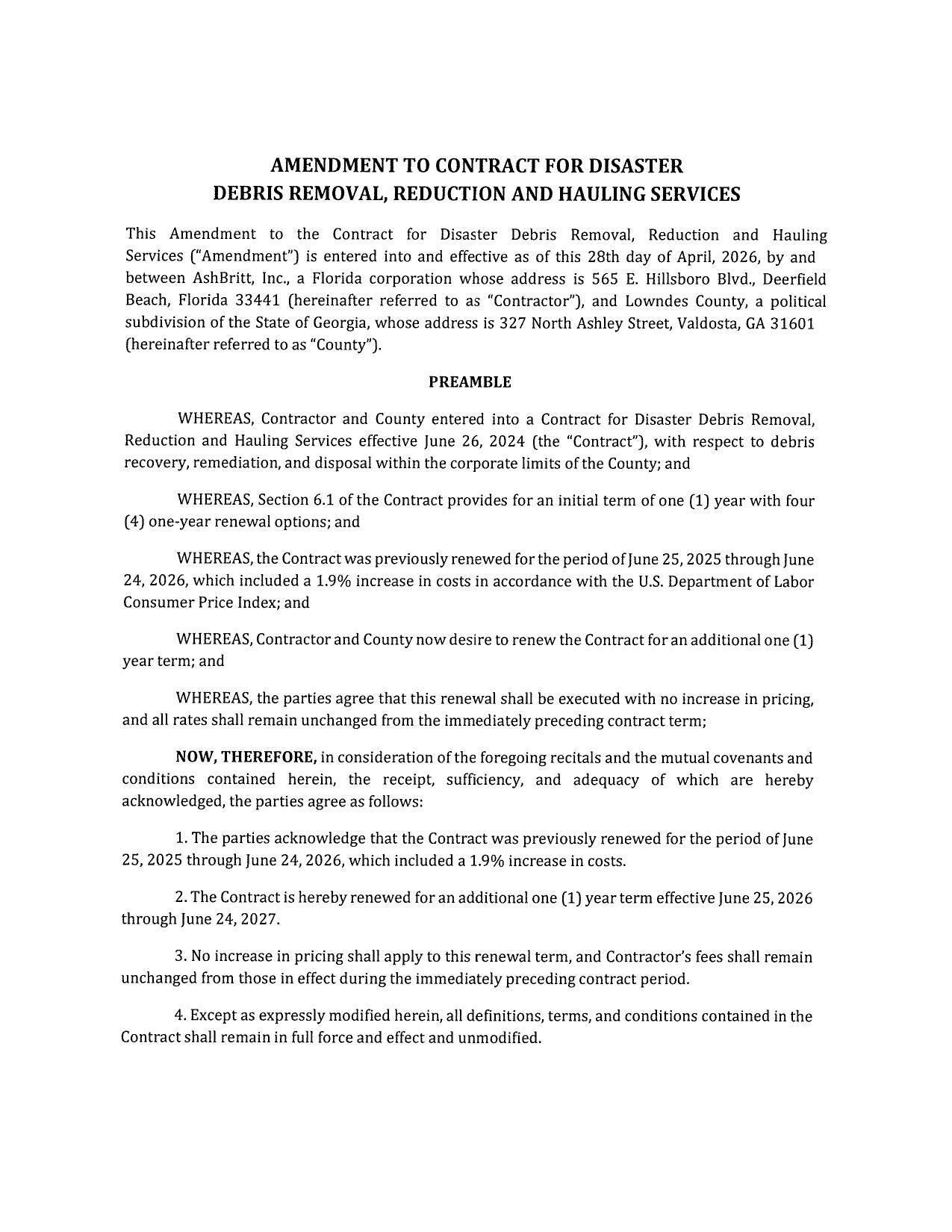 Ashbritt AMENDMENT TO CONTRACT FOR DISASTER DEBRIS REMOVAL, REDUCTION AND HAULING SERVICES