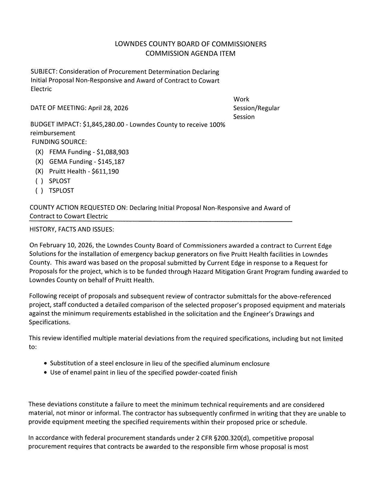 Current Edge Solutions failed to meet requirements. BUDGET IMPACT: $1,845,280.00 - Lowndes County to receive 100%