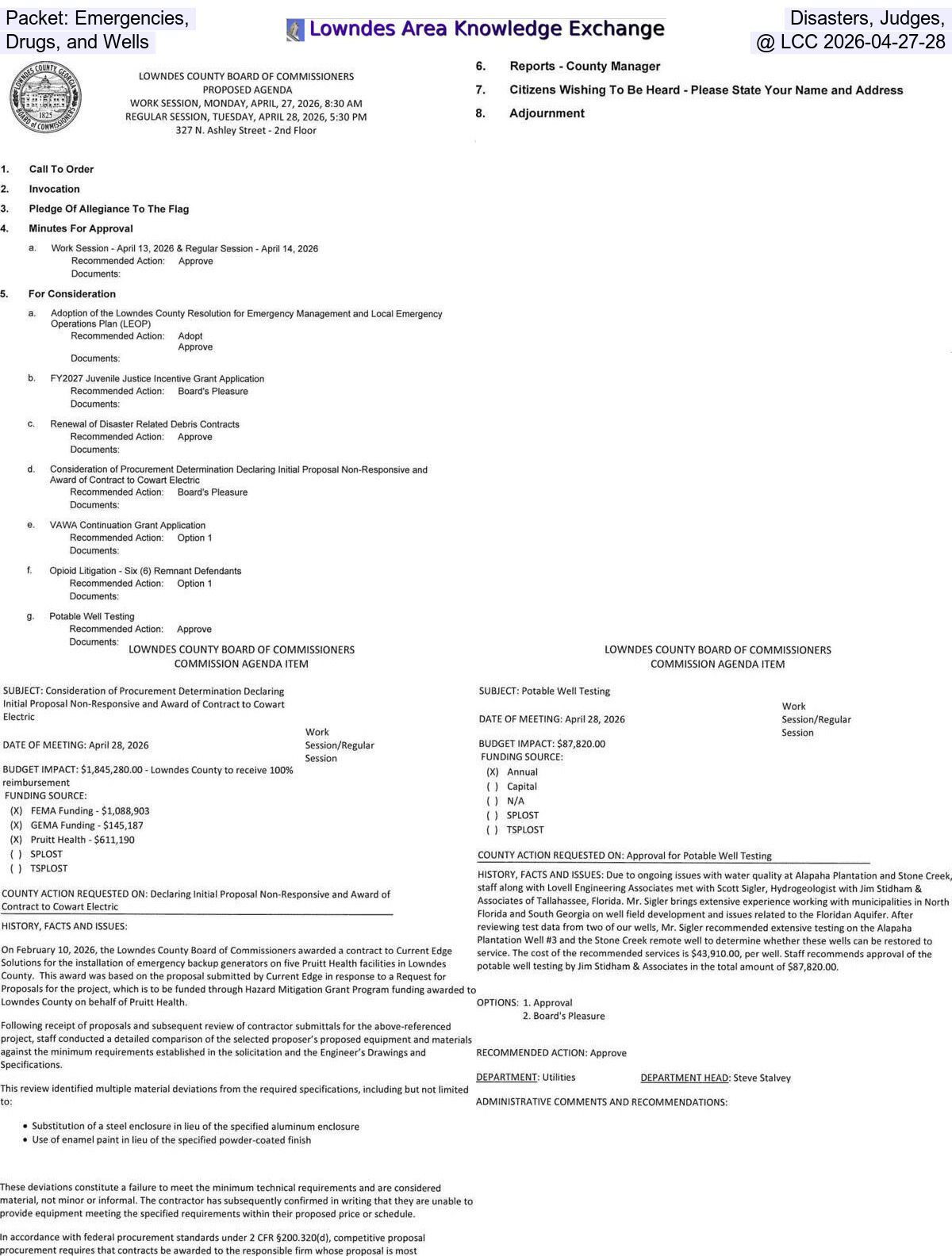 Packet: Emergencies, Disasters, Judges, Drugs, and Wells @ LCC 2026-04-27-28