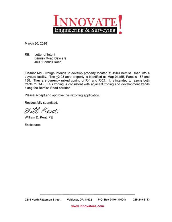 Letter of Intent from William D. Kent for Elaanor McBurrough