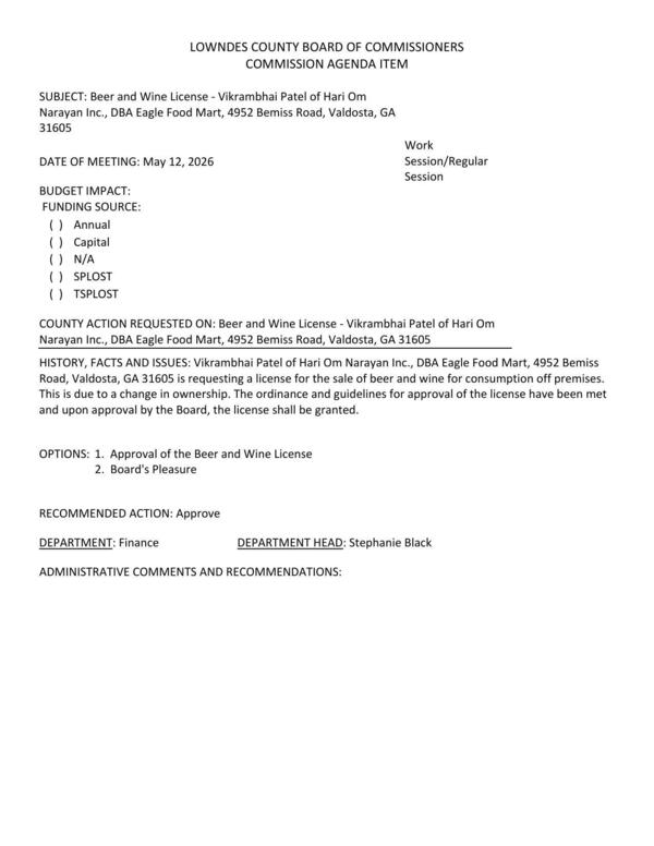 [requesting a license for the sale of beer and wine for consumption off premises. This is due to a change in ownership]
