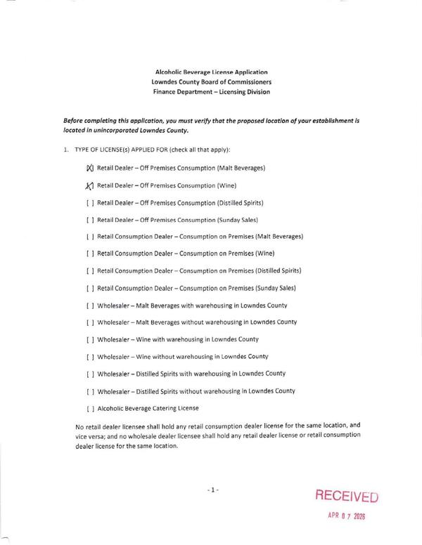 Alcoholic Beverage License Application