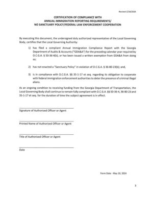 [CERTIFICATION OF COMPLIANCE WITH ANNUAL IMMIGRATION REPORTING REQUIREMENTS/ NO SANCTUARY POLICY/FEDERAL LAW ENFORCEMENT COOPERATION]