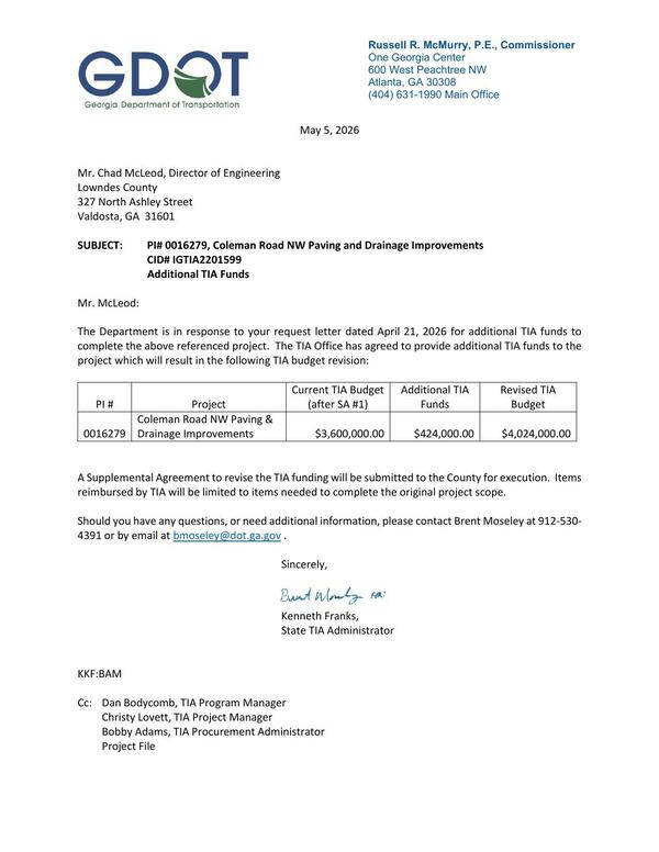 [The Department is in response to your request letter dated April 21, 2026 for additional TIA funds to]