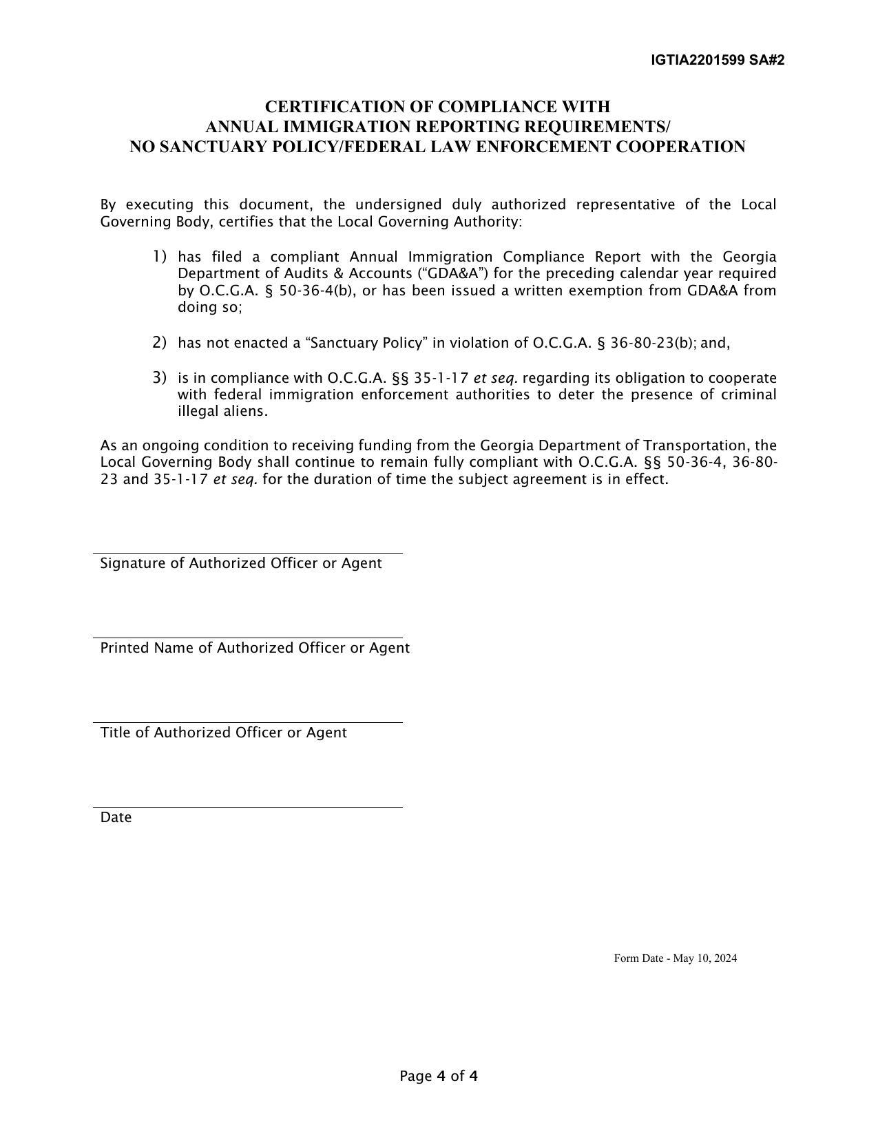 CERTIFICATION OF COMPLIANCE WITH ANNUAL IMMIGRATION REPORTING REQUIREMENTS/ NO SANCTUARY POLICY/FEDERAL LAW ENFORCEMENT COOPERATION