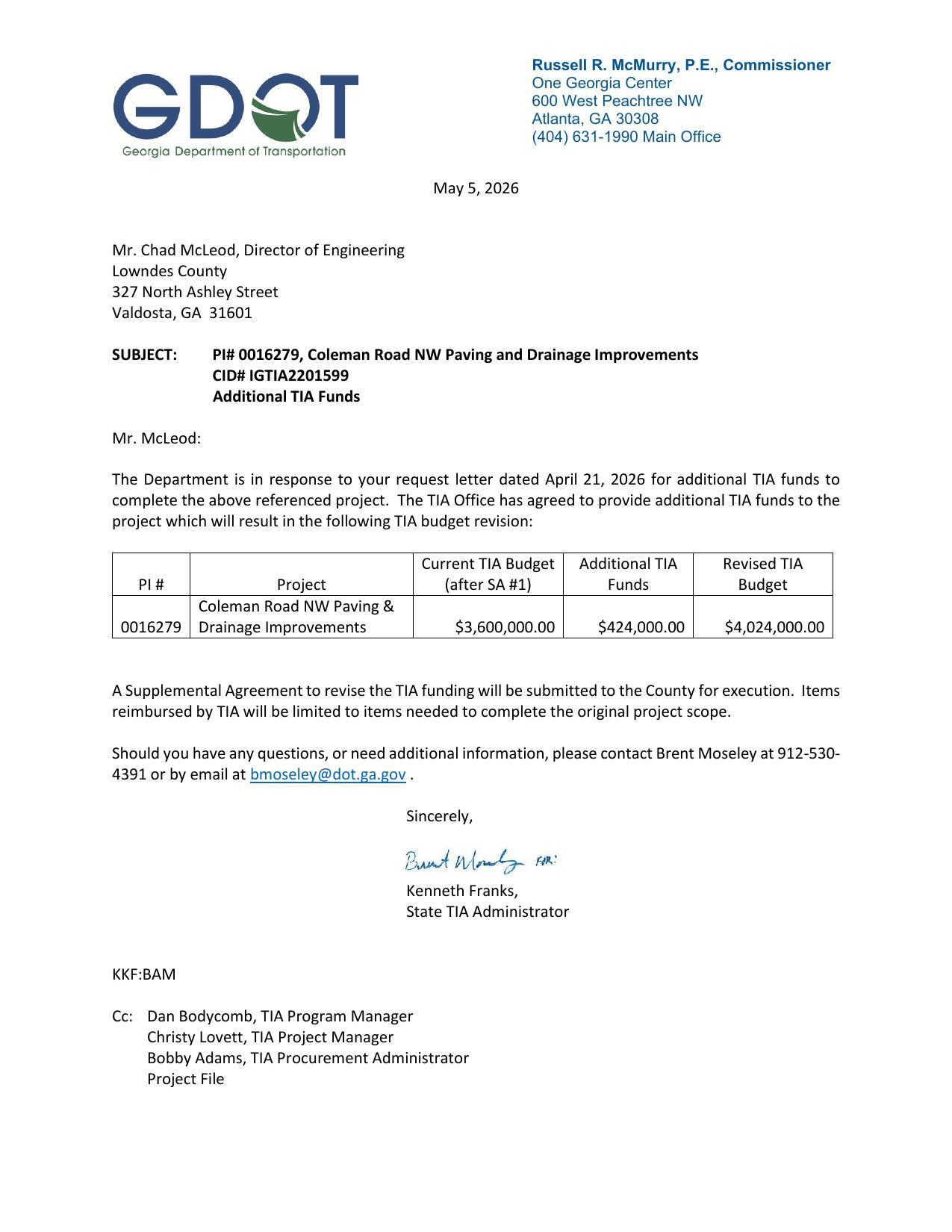 The Department is in response to your request letter dated April 21, 2026 for additional TIA funds to