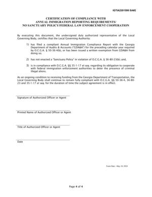 [CERTIFICATION OF COMPLIANCE WITH ANNUAL IMMIGRATION REPORTING REQUIREMENTS/ NO SANCTUARY POLICY/FEDERAL LAW ENFORCEMENT COOPERATION]