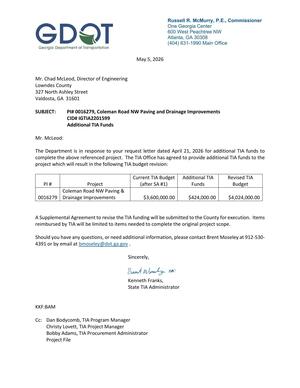 [The Department is in response to your request letter dated April 21, 2026 for additional TIA funds to]