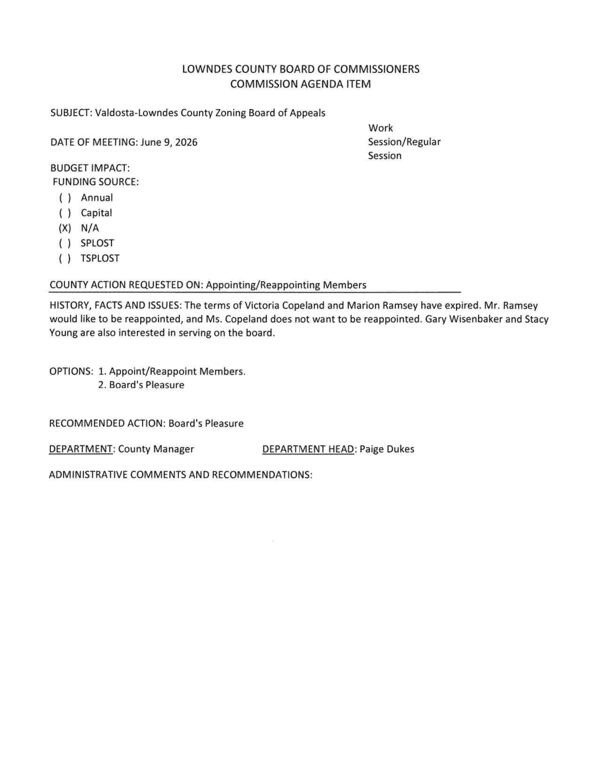 [Marion Ramsey wants to be reappointed. Victoria Copeland does not. Gary Wisenbaker and Stacy Young are also interested in serving on the board.]