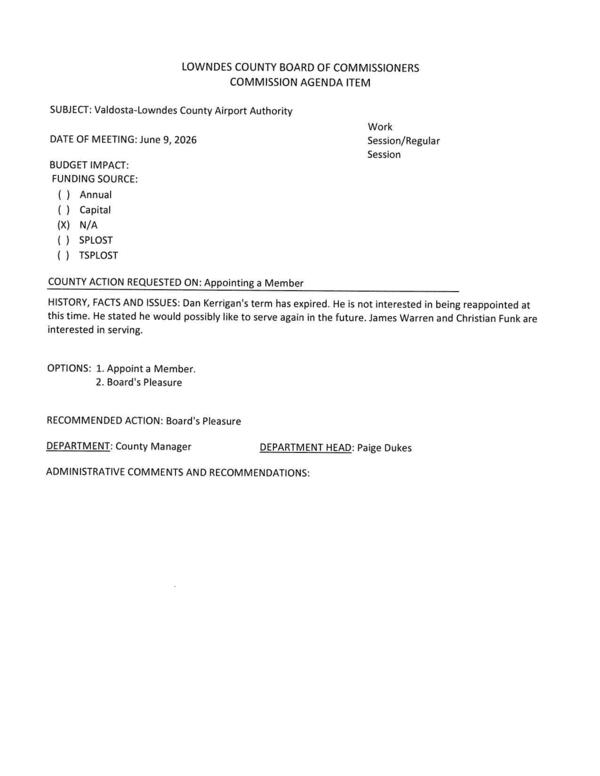 [Dan Kerrigan does not want to be reappointed. James Warren and Christian Funk are interested in serving.]