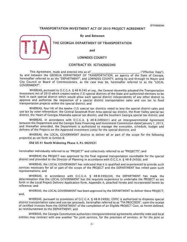 TRANSPORTATION INVESTMENT ACT OF 2010 PROJECT AGREEMENT