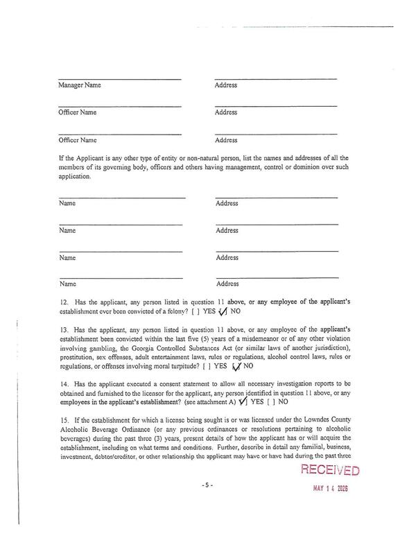 15. If the establishment for which a license being sought is or was licensed under the Lowndes County