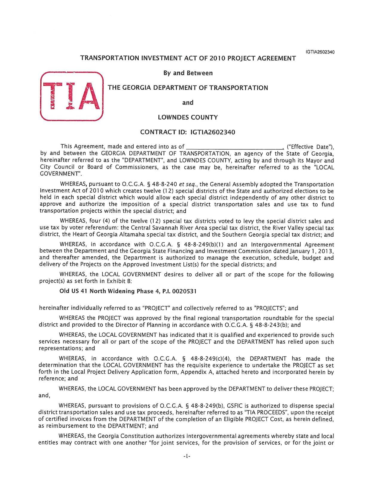 TRANSPORTATION INVESTMENT ACT OF 2010 PROJECT AGREEMENT