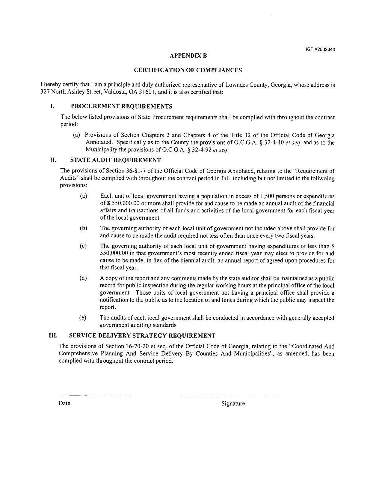APPENDIX B: CERTIFICATION OF COMPLIANCES