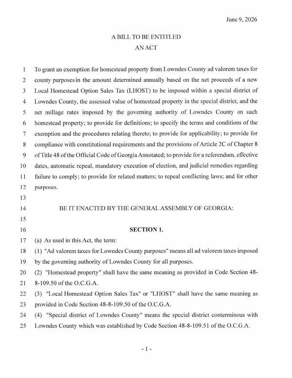 [AN ACT To grant an exemption for homestead property from Lowndes County ad valorem taxes for county purposes in the amount determined annually based on the net proceeds of a new Local Homestead Option Sales Tax (LHOST)...]