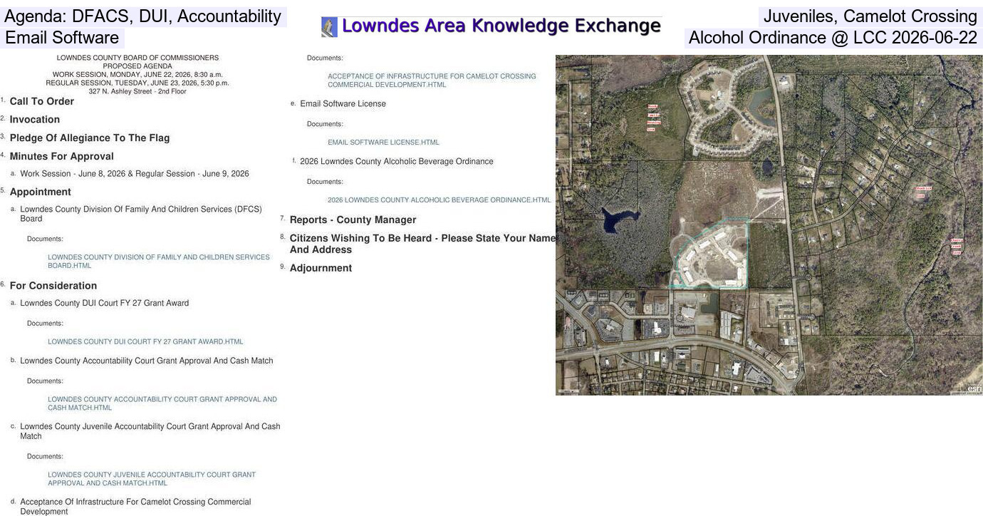 Agenda: DFACS, DUI, Accountability, Juveniles, Camelot Crossing, Email Software, Alcohol Ordinance @ LCC 2026-06-22