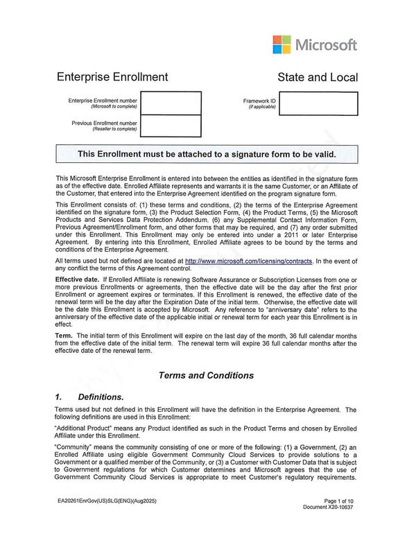 This Microsoft Enterprise Enrollment is entered into between the entities as identified in the signature form