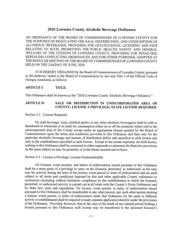 2026 Lowndes County Alcoholic Beverage Ordinance