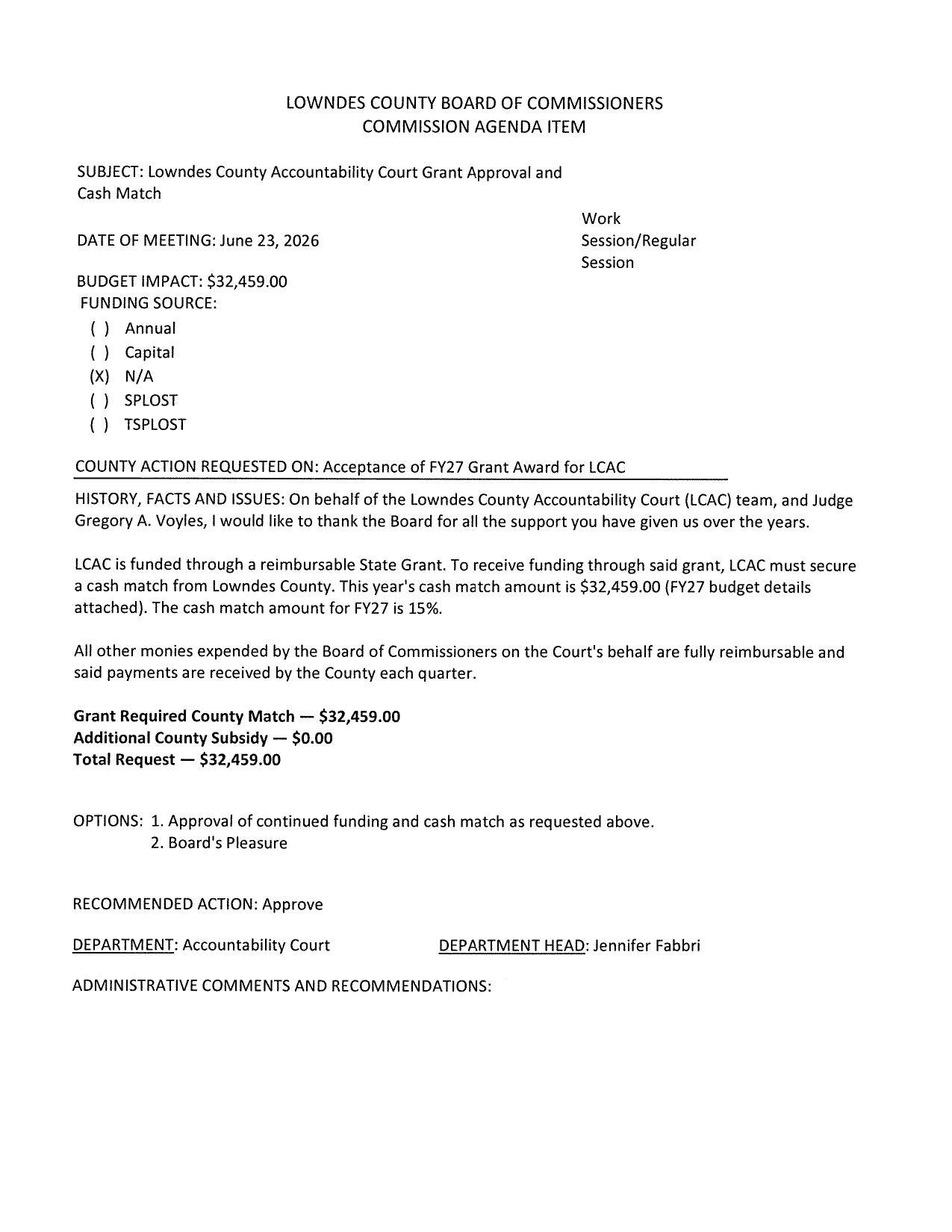 BUDGET IMPACT: $32,459.00 (X) N/A